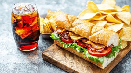 Fresh bacon sub sandwich served with potato chips and cola drink on rustic wooden board