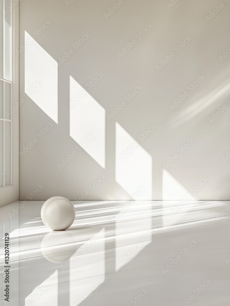 Poster Serene abstract composition of sphere bathed in sunlight casting shadows in clean minimal space interior