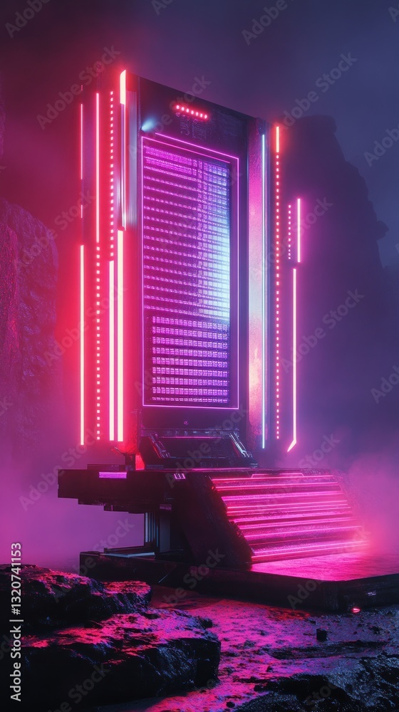 Poster mysterious portal shining with cyberpunk light at night surrounded by rocky terrain and fog with mod