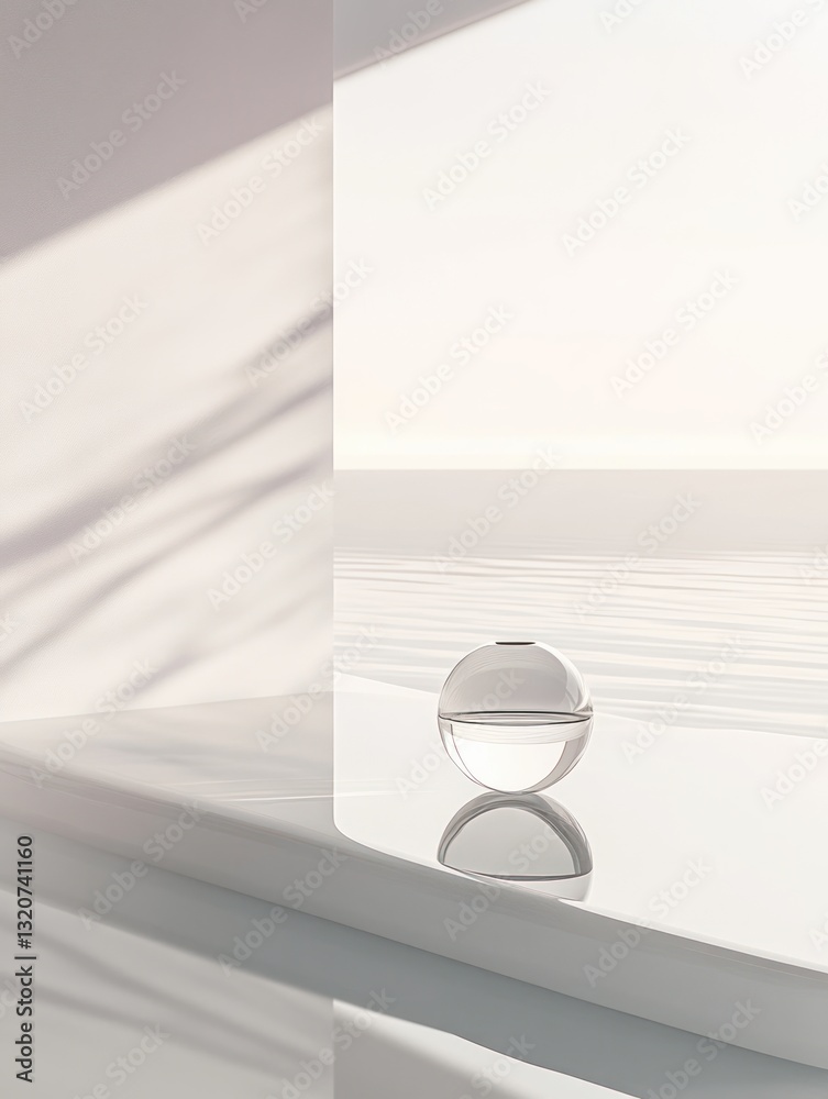 Poster serene sphere capturing reflections in minimalist interior white backdrop with natural light and sof