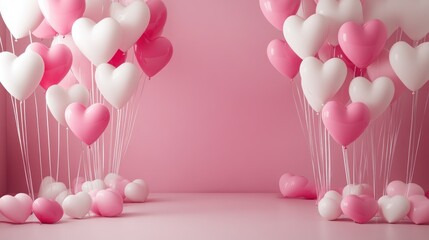 Pink and white heart-shaped balloons against a pink background