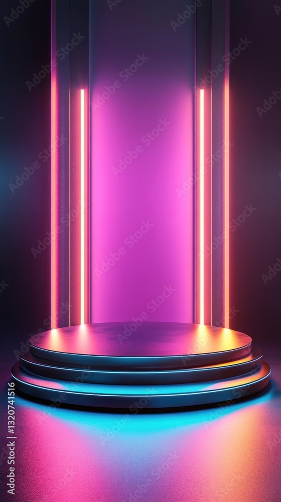 Poster captivating illuminated stage with cyberpunk vaporwave aesthetic and neon glow in a modern exhibitio