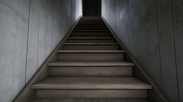 Shadowy wooden staircase descending into dim interior, evoking haunting sense of forgotten abandonment and silent mystery