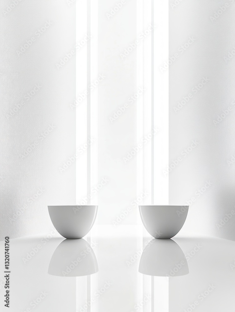 Poster minimalist composition two white bowls on a reflective surface with natural light and elegant design