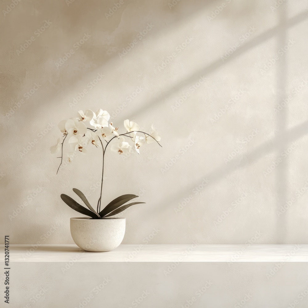 Poster serene orchid bloom in natural light on shelf with textured wall simple and elegant arrangement