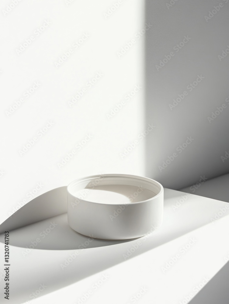 Poster minimalist studio shot of pure white bowl with soothing light and shadow creating modern scene
