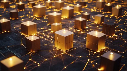 Abstract Network of Glowing Boxes Connected by Bright Lines in a 3D Digital Space