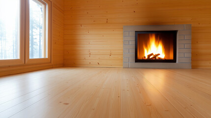 Crackling flames warming rustic wooden cabin interior, snow covered landscape visible through frosty window