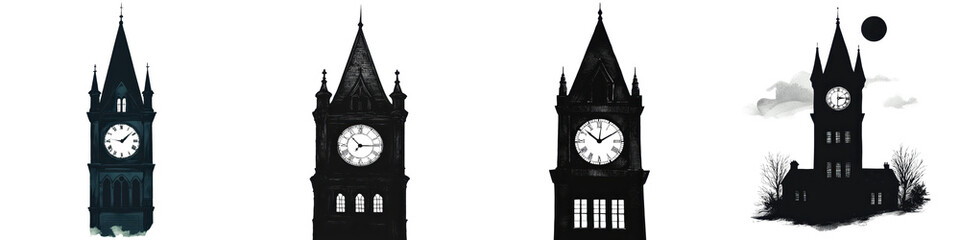 Majestic medieval clock tower silhouette standing tall against a dramatic moonlit sky in a historic European city  The architectural structure casts a long