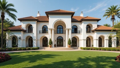 Fototapeta premium Elegant mansion with white facade, arched windows, and lush green lawn under a clear blue sky. A symbol of luxury and architectural design.