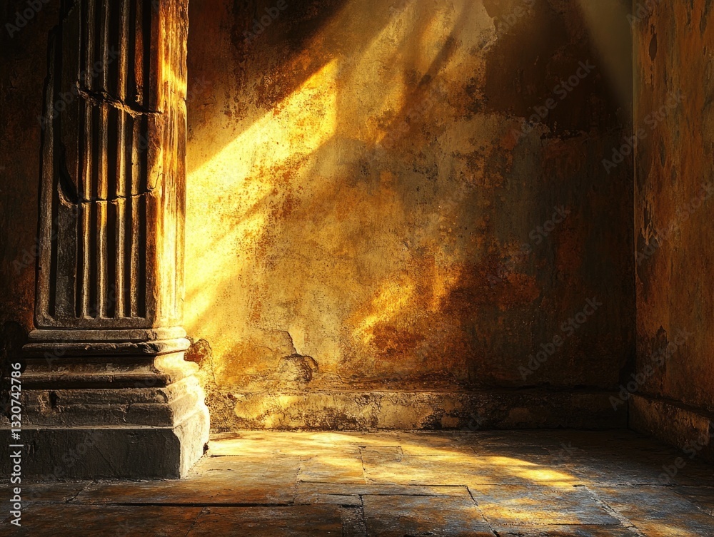 Poster A room with a column and a sunbeam illuminating the space, ideal for interior design or architecture use