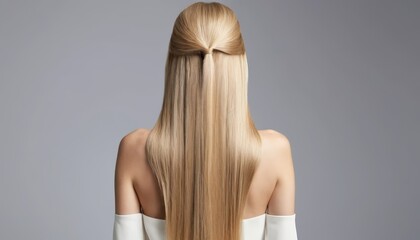 Obraz premium Back view of a woman with long, straight blonde hair styled in a half-updo, emphasizing hair texture and beauty.