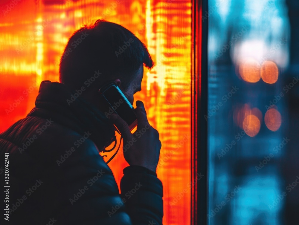 Poster a person holding a cell phone near a window, possibly making a call or texting