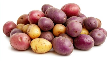 A pile of small, colorful potatoes in red, purple, and yellow hues, isolated on a white background
