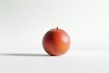 Vivid Close Up Shot of a Single Red Plum with Natural Stem on Simple White Background Studio Still Life
