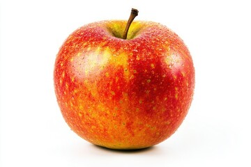 A beautiful ripe apple with refreshing water droplets against a clean white background close up studio shot