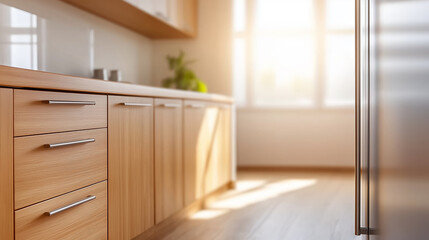 Fototapeta premium Sunlight streams into a modern minimalist kitchen featuring light wooden cabinets, sleek silver handles, and a bright open design