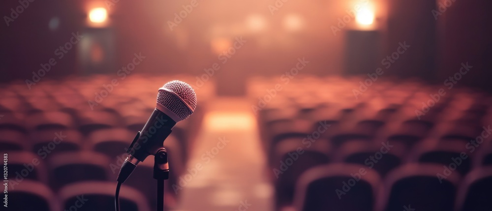 Poster a microphone sits atop its stand before a stage, ready for performance or presentation