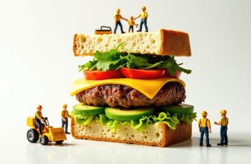 A huge, very tall, thinly sliced toast with avocado slices, burger meat, tomatoes and cheese, and around it are tiny construction workers in uniforms.