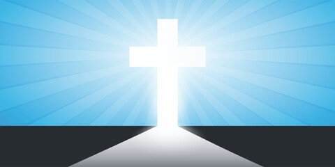 Obraz premium Christian Cross Symbol and Sun Rays at the End of the Road - Sign of Crucifix, Easter, Purity, Faith, Baptism, Holy Spirit, Evangelization and Resurrection - Blue Background with Bright Rays of Light