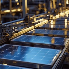 Automated solar panel manufacturing plant with conveyor belts assembling photovoltaic cells. Renewable energy production industry. Generative AI.