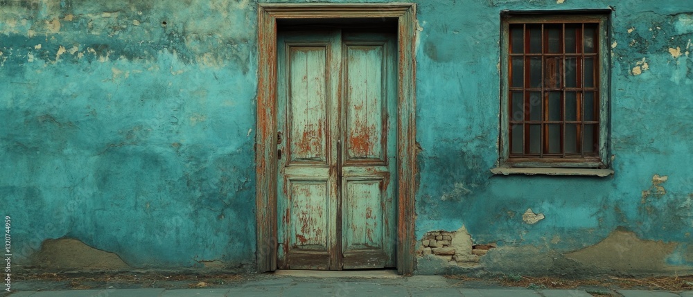 Poster a blue building with a wooden door and window, a simple architectural feature