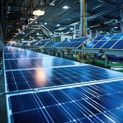 Automated solar panel manufacturing plant with conveyor belts assembling photovoltaic cells. Renewable energy production industry. Generative AI.