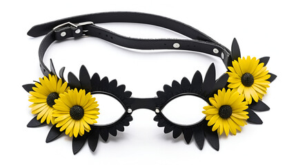 bdsm leather black lash and yellow daisy flowers on a white background