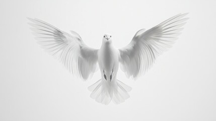 Obraz premium A majestic white dove in flight, wings fully spread against a soft, light background