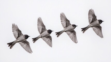 Obraz premium Four birds in flight, wings spread, against a white background