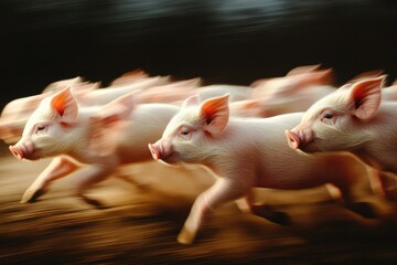 Pigs running through a rural landscape during a sunny day, capturing their playful energy and motion in harmonious farm surroundings