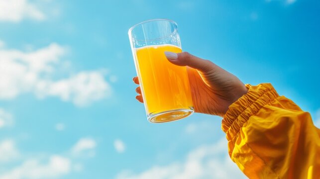 A woman’s hand, clad in a vibrant jacket, lifts a glass filled with orange juice against a clear blue sky, celebrating the joy of a sunny day and refreshing moments