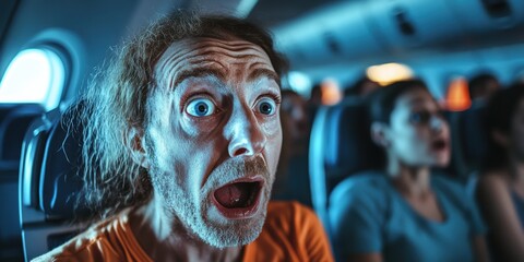 Obraz premium Passengers express shock during a turbulent flight over the ocean while sitting in a commercial airplane at night