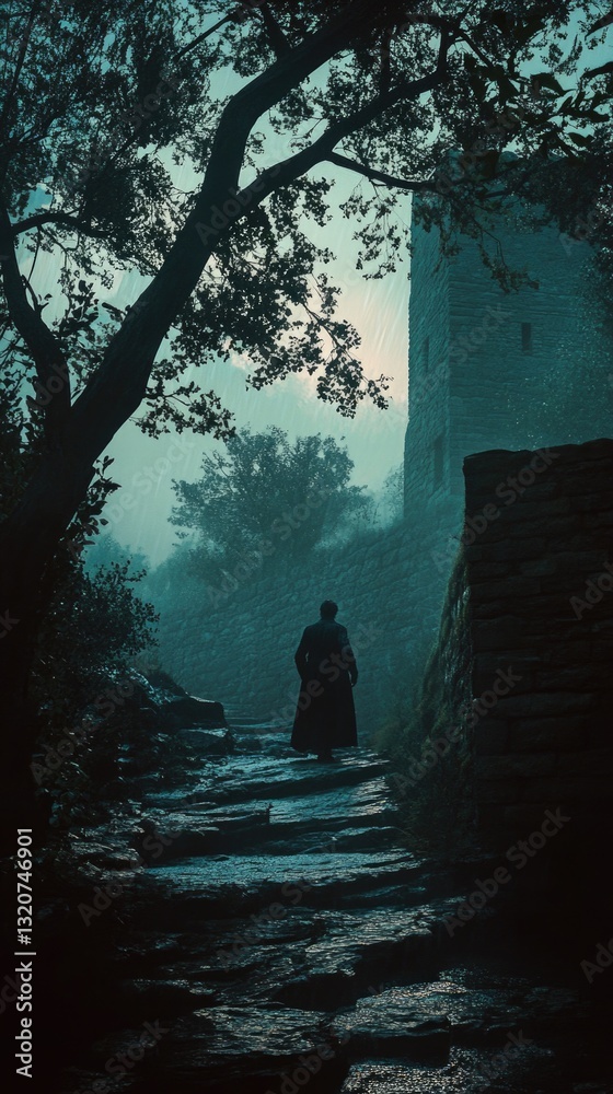 Poster a person walking along a path in the dark, possible nighttime scene
