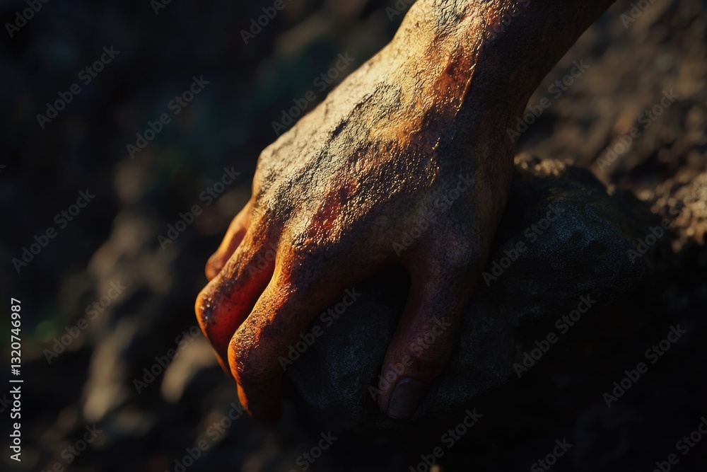 Poster a close-up of a person's hand resting on a rocky surface, with texture and details visible