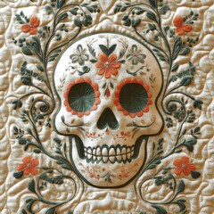 Colorful floral skull design featuring intricate embroidery on a textured background representing traditional art
