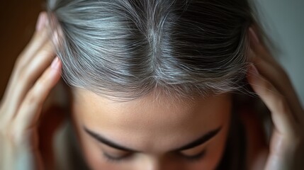 Fototapeta premium Soft light captures a young woman with gray hair gently massaging her temples, suggesting a moment of contemplation in a serene indoor setting