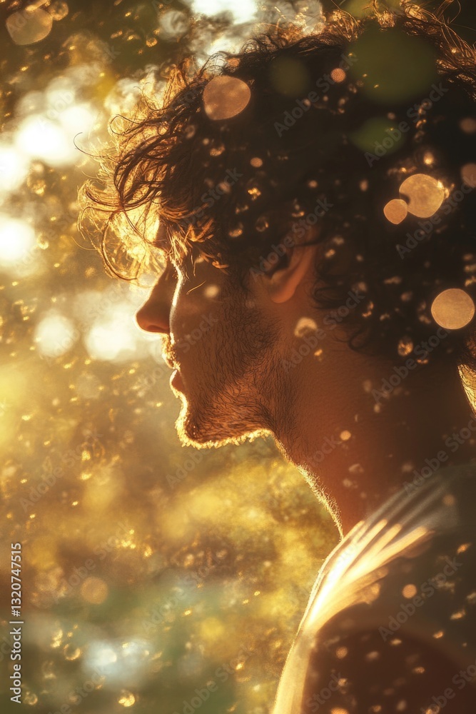 Poster a person standing near a tree during rainfall, suitable for use in scenes about daily life or weathe