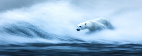 Naklejka premium A solitary polar bear traversing icy waters in a blurred motion