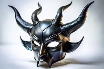 Naklejka premium Black Leather Horned Mask on White Background - Candid Stock Photo