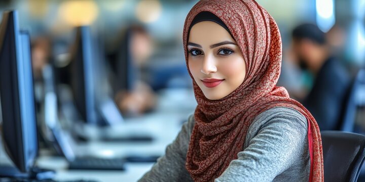 Young woman wearing a hijab sits at a computer desk in a modern office environment while engaging in her work during daytime - Powered by Adobe