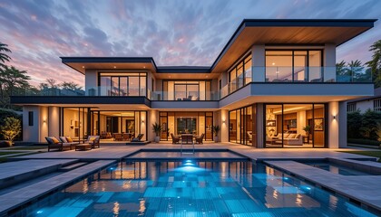 Luxury home with a stunning pool, illuminated at dusk, showcasing modern architecture and elegant outdoor living.