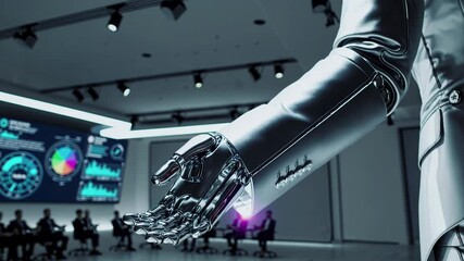 Futuristic robot giving presentation to business people