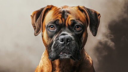 Obraz premium Brown boxer dog with expressive eyes posing against a soft gray background for a striking portrait