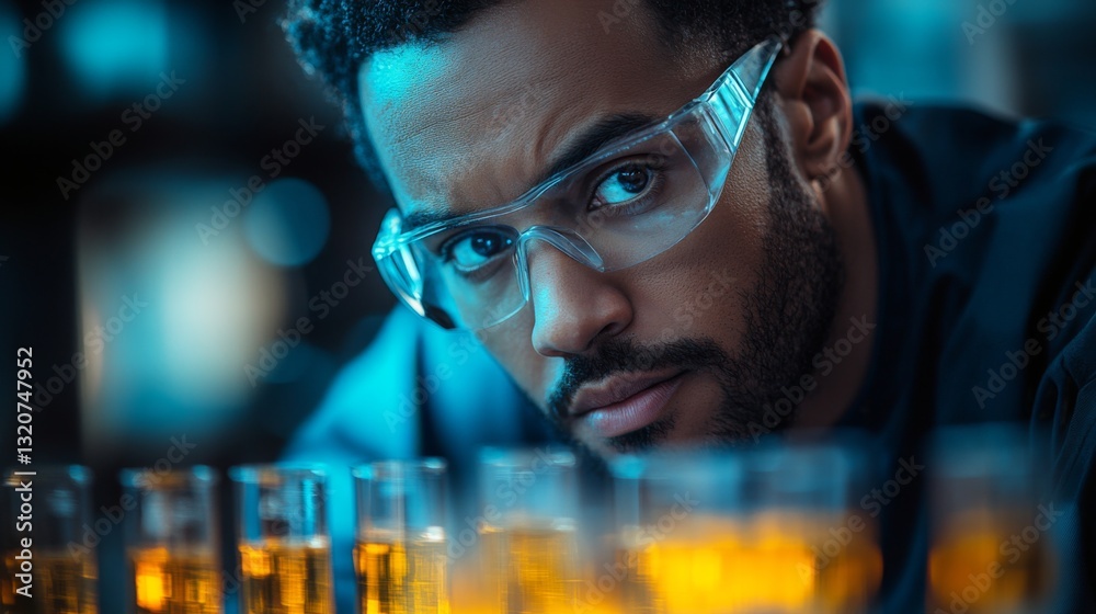 Poster a skilled technician observes metal samples under precise lighting in a modern manufacturing facilit