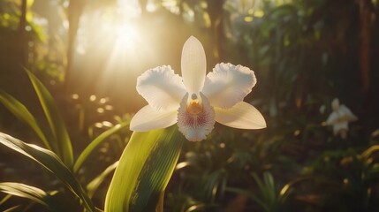 Fototapeta premium Sunlit white orchid blossom in lush tropical garden