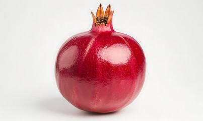Vibrant red pomegranate with a glossy surface set against a plain background.