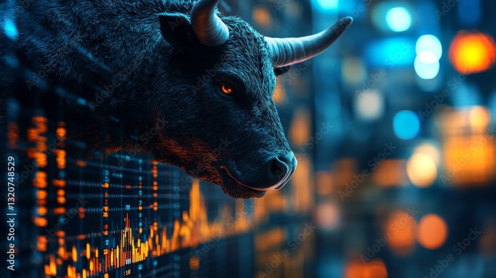 Fototapete A powerful bull is depicted next to dynamic trading graphs, showing market trends and financial data. The setting is illuminated by bright urban lights, creating an energetic atmosphere.