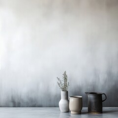 Minimalist arrangement of ceramic vases and rosemary against a soft gradient wall in studio lighting