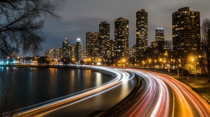 Obraz premium A smart city skyline at night, with IoT-controlled traffic systems and energy-efficient lighting